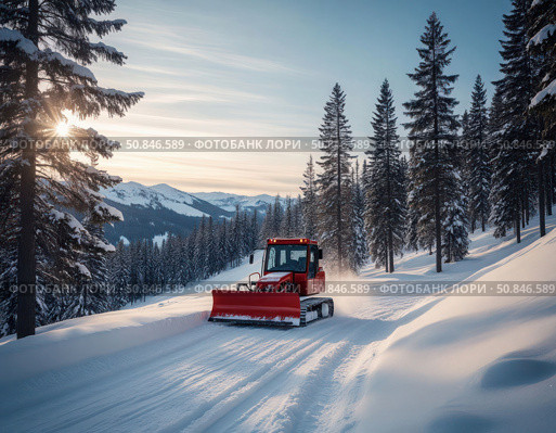 A red snow plow is driving down a snowy road. Стоковое AI-изображение, AI-художник Ярославский Максим / Фотобанк Лори