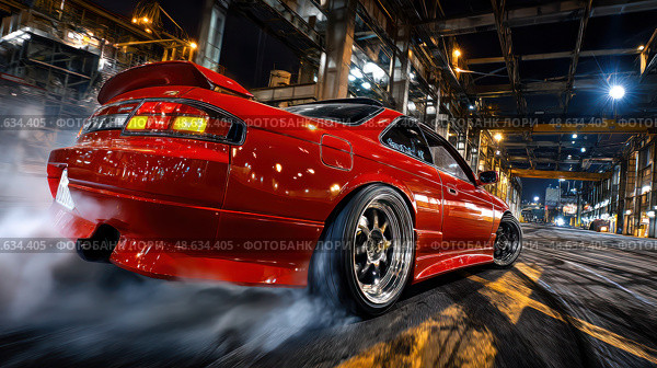 A red sports car is driving down a street with smoke coming out of its tailpipe. Стоковое AI-изображение, AI-художник Ярославский Максим / Фотобанк Лори