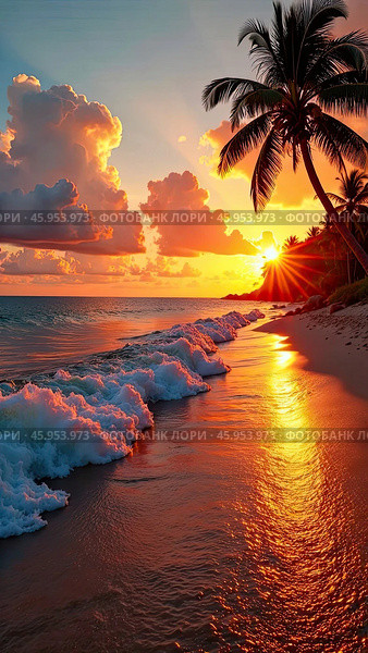A red sunset on the paradisiacal ocean coast with tropical palm trees and waves of surf. Banner for a travel agency, burning tour, a vacation tour in hotel. AI generated. Стоковое AI-изображение, AI-художник Ольга Симонова / Фотобанк Лори