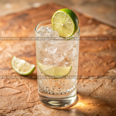 A Refreshing Gin Tonic With Lime Wedge and Ice in a Highball Glass on a Wooden Table. Generative AI. Стоковое AI-изображение, AI-художник Roman Zavorotny / Фотобанк Лори