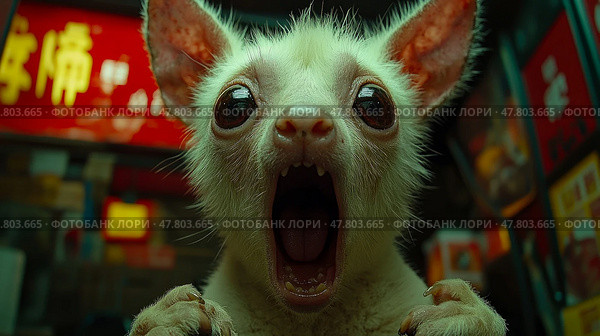 A remarkable creature is shown in an urban location at night, its mouth wide open as if it is vocalizing, surrounded by glowing signs. Стоковое AI-изображение, AI-художник Данила Большаков / Фотобанк Лори