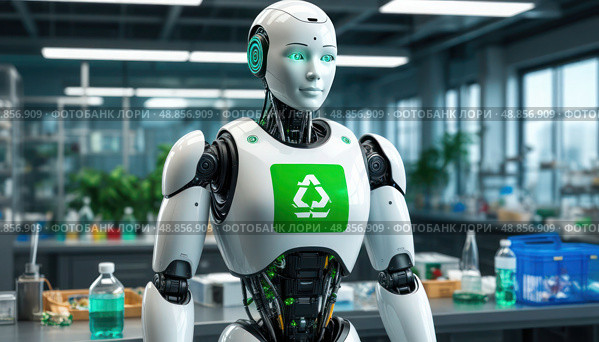 A robot with a green sign on its chest stands in front of a lab bench. Стоковое AI-изображение, AI-художник Ярославский Максим / Фотобанк Лори