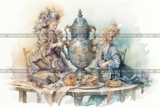A rococo-style watercolor illustration: two aristocrats in lush 18th-century attire are having a social conversation over tea. The center of the composition is a huge, elegant samovar decorated with gold patterns. On the table are pies, desserts, pumpkin, silver goblets and carved dishes. The scene conveys the atmosphere of an exquisite feast, the lightness and luxury of a bygone era. Ideal for themes of history, fashion, cooking, vintage, aristocratic life and 18th-century aesthetics. Стоковое AI-изображение, AI-художник Анна Кривицкая / Фотобанк Лори