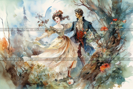 A romantic 18th century style watercolor illustration depicting a loving couple strolling through a picturesque forest. The woman in a light pastel dress with a flower crown on her head radiates joy and lightness. The man in an elegant frock coat accompanies her with admiration and attention. The composition is filled with flowers, foliage and an airy atmosphere, creating a sense of fairy-tale magic and idealized love. Suitable for themes related to romance, fashion history, art, vintage aesthetics and fairy tales. Стоковое AI-изображение, AI-художник Анна Кривицкая / Фотобанк Лори