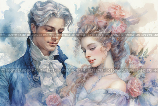 A romantic watercolor illustration in the spirit of the Rococo era depicts a couple in love - a young aristocrat with noble features and a woman with a gentle, refined expression. The man is in an exquisite blue tailcoat with lace, the woman in a light dress decorated with pearls and flowers. The composition is filled with pastel shades, roses and a light haze of dreaminess, emphasizing the atmosphere of love, elegance and sentimental beauty. Стоковое AI-изображение, AI-художник Анна Кривицкая / Фотобанк Лори