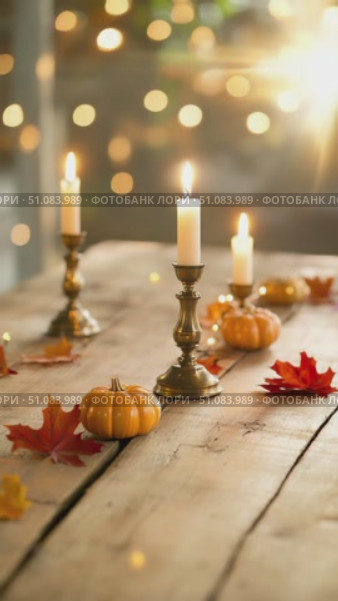 A rustic wooden table adorned with small orange pumpkins, colorful autumn leaves, and lit candles. Soft bokeh lights create a warm, inviting atmosphere. Стоковое AI-видео, аниматор Nart / Фотобанк Лори