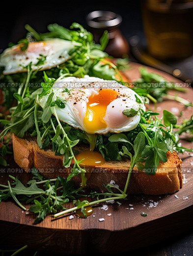 A sandwich of poached eggs, fried bread and fresh herbs. Generated by AI. Стоковое AI-изображение, AI-художник Ярославский Максим / Фотобанк Лори