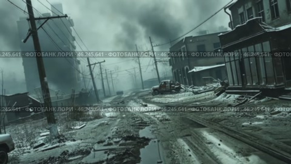 A scene from the apocalypse with snow-covered streets of an abandoned city with wrecked cars. AI-generated item. Стоковое AI-видео, аниматор Алексей Кузнецов / Фотобанк Лори