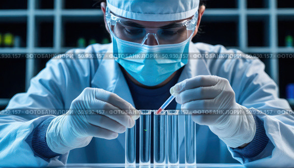 A scientist in a lab coat is wearing a mask. Стоковое AI-изображение, AI-художник Ярославский Максим / Фотобанк Лори