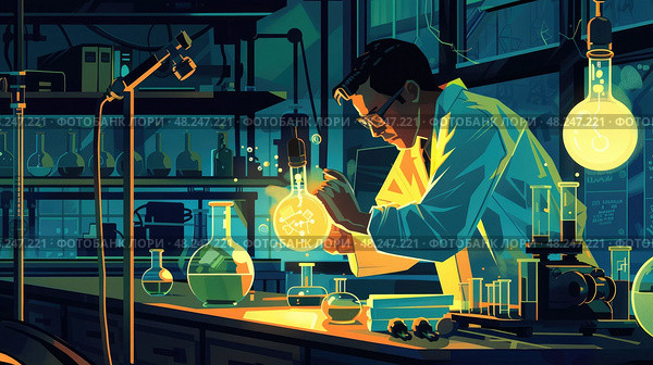 A scientist works late into the night in a laboratory, examining a glowing beaker. Стоковое AI-изображение, AI-художник Данила Большаков / Фотобанк Лори