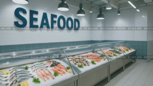 A seafood display in a market featuring various fish and shellfish. The area is well-lit with a clean, modern design. The word 'SEAFOOD' is prominently displayed. Стоковое AI-видео, аниматор Nart / Фотобанк Лори