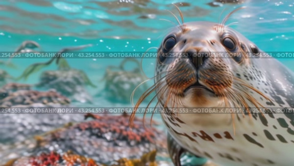 A seal swims in the ocean, gazing at the camera, showcasing its adaptation to marine life. Стоковое AI-видео, аниматор Юрий Поздников / Фотобанк Лори
