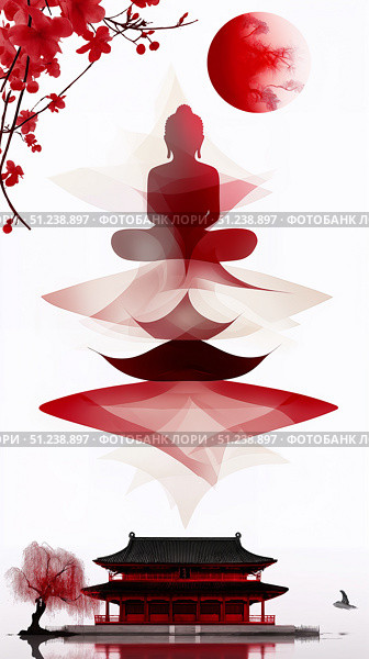 A serene Buddha figure in an abstract red landscape, embodying tranquility and beauty. Стоковое AI-изображение, AI-художник Лариса Пономарева / Фотобанк Лори