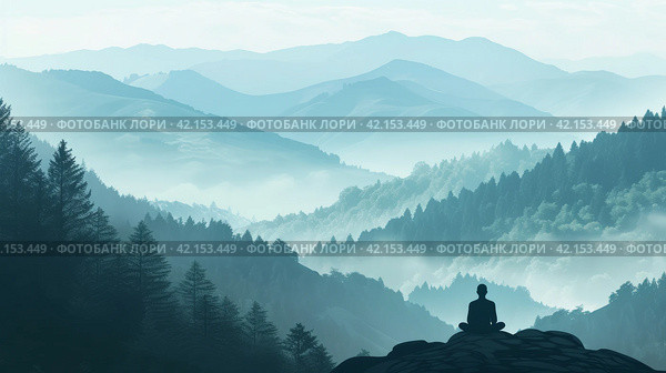 A serene mountain landscape with a meditator in lotus position. Стоковое AI-изображение, AI-художник Юлия Гапеенко / Фотобанк Лори