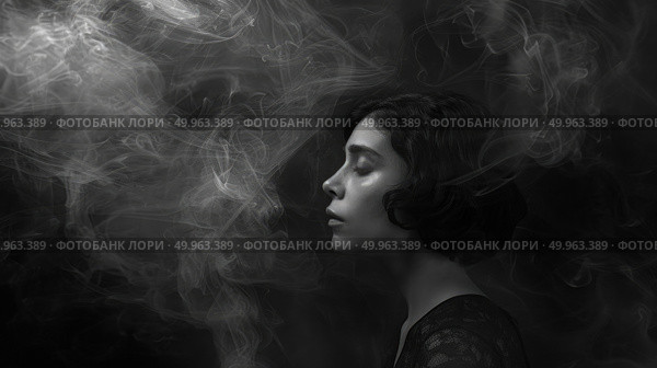 A serene woman with her eyes closed, enveloped by swirling mist in a monochrome setting. Стоковое AI-изображение, AI-художник Данила Большаков / Фотобанк Лори
