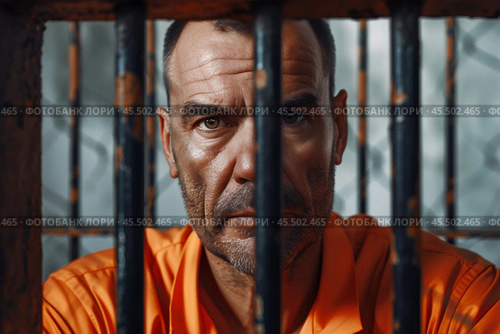 A serious prisoner in an aged orange uniform gazes directly at the camera from behind metal bars in a detention center, reflecting the harsh realities of incarceration. Стоковое AI-изображение, AI-художник Sergey Grishin / Фотобанк Лори