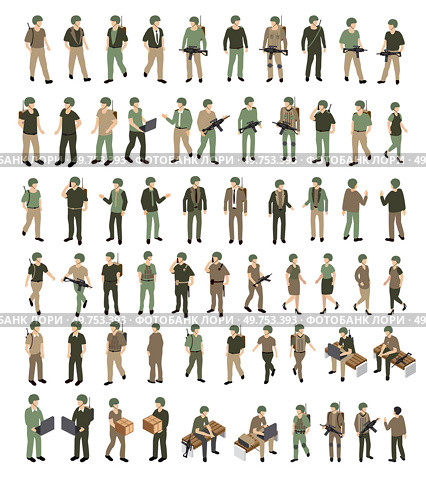 A set of human military soldiers army camouflage people ammunition veteran person war military for design and video games. Isometric vector illustration.. A set of human military soldiers army camouflage people ammunition. Стоковая иллюстрация, агентство Ingram Publishing / Фотобанк Лори