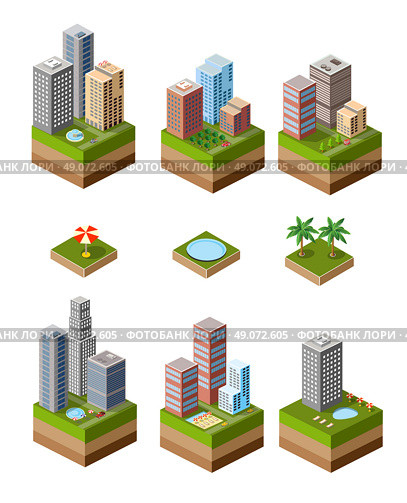 A set of isometric urban neighborhoods with high-rise buildings and swimming pools and parasols. Стоковая иллюстрация, агентство Ingram Publishing / Фотобанк Лори