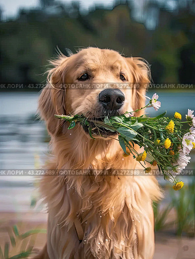 A shaggy red dog is sitting with a bouquet of flowers waiting for the hostess. The concept of canine devotion and love. Стоковое AI-изображение, AI-художник Ярославский Максим / Фотобанк Лори