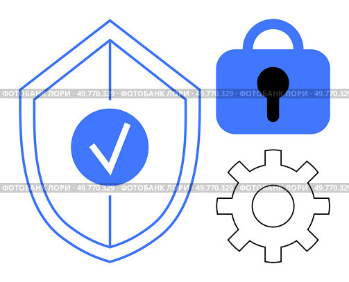 A shield with a checkmark, a padlock, and a gear symbol. Ideal for security, protection, privacy, technology, and configuration themes. Simple modern style with blue and black colours, vector. Shield with Checkmark Lock and Gear Symbols Representing Security and Settings. Стоковая иллюстрация, агентство Ingram Publishing / Фотобанк Лори