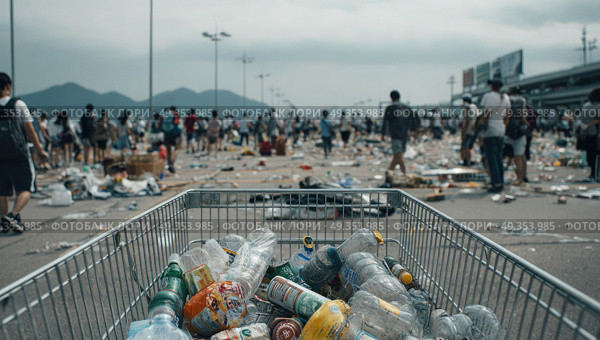 A shopping cart full of plastic bottles and other trash. Стоковое AI-изображение, AI-художник Ярославский Максим / Фотобанк Лори