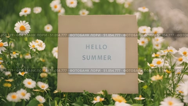 A sign with the words hello summer stands tall amidst a vibrant field of daisies, under the bright sun. Стоковое AI-видео, аниматор Данила Большаков / Фотобанк Лори