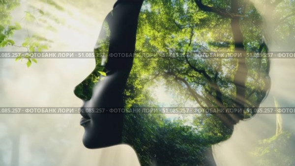 A silhouette of a woman with a profile view, filled with lush green trees and sunlight filtering through. The scene symbolizes nature and environmental awareness. Стоковое AI-видео, аниматор Nart / Фотобанк Лори
