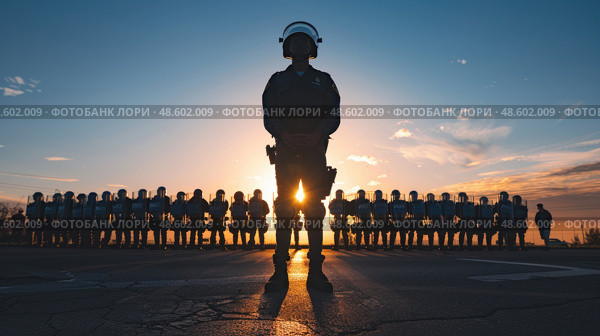 A silhouetted figure of an officer stands in the foreground with a blazing sunset behind, facing a line of uniformed personnel. Стоковое AI-изображение, AI-художник Данила Большаков / Фотобанк Лори