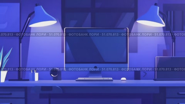 A simple animation of a desk at night with two lamps illuminating the space and a computer monitor. Стоковое AI-видео, аниматор Данила Большаков / Фотобанк Лори