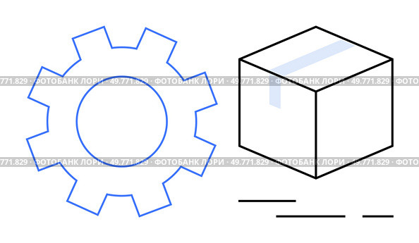 A simple gear outline next to a 3D cube, highlighting mechanical and technological concepts. Ideal for engineering, technology, industrial design, manufacturing, and machinery themes. Minimalistic. Gear and Box Design Representing Engineering, Technology, and Industrial Themes. Стоковая иллюстрация, агентство Ingram Publishing / Фотобанк Лори