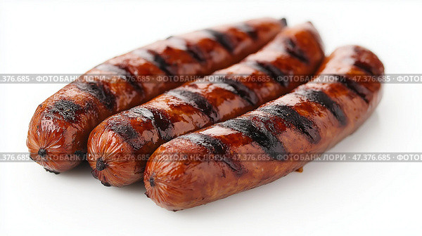 A single juicy grilled sausage with a deep brown isolated on a white background. Одна сочная сосиска-гриль глубокого коричневого цвета на белом фоне. Стоковое AI-изображение, AI-художник Katsiaryna Repich / Фотобанк Лори