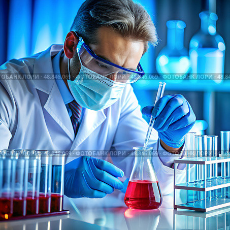 A skilled scientist in protective gear carefully mixes vibrant liquids in a laboratory. Bright beakers and glassware surround him, highlighting the intricate process of discovery and experimentation. Стоковое AI-изображение, AI-художник Ольга Игнашина / Фотобанк Лори