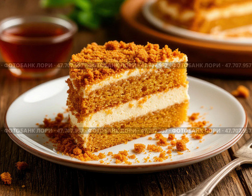 A slice of cake with a crumbly topping sits on a white plate. Стоковое AI-изображение, AI-художник Ярославский Максим / Фотобанк Лори