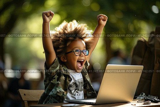 A small boy with curly hair rejoices at the victory in an online game by raising his hands . Generated by AI. Стоковое AI-изображение, AI-художник Ярославский Максим / Фотобанк Лори