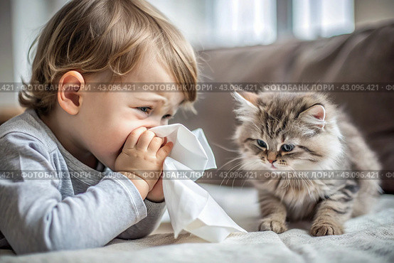 A small child boy sneezes into a white napkin at home. Allergies to cats and pet hair. A kitten is sitting next to me. Стоковое AI-изображение, AI-художник Photojuli / Фотобанк Лори