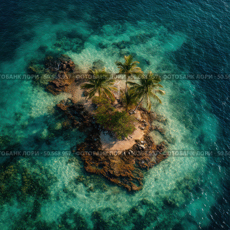A small island with palm trees and a body of water. Стоковое AI-изображение, AI-художник Ярославский Максим / Фотобанк Лори