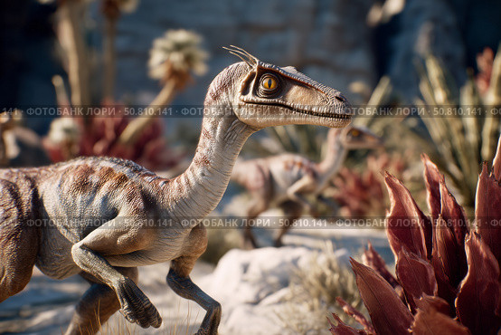 A small predatory dinosaur Coelophysis hunts in the natural environment of the Triassic period. Стоковое AI-изображение, AI-художник Алексей Кузнецов / Фотобанк Лори