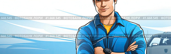 A smiling young handsome courier in a blue uniform, standing with his thumbs raised against an isolated white background. Стоковое AI-изображение, AI-художник Ярославский Максим / Фотобанк Лори