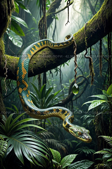 A snake hanging from a branch. Стоковое AI-изображение, AI-художник RamA / Фотобанк Лори