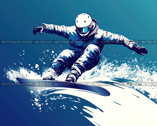 A snowboarder is in the air, with his arms outstretched. Стоковое AI-изображение, AI-художник Ярославский Максим / Фотобанк Лори