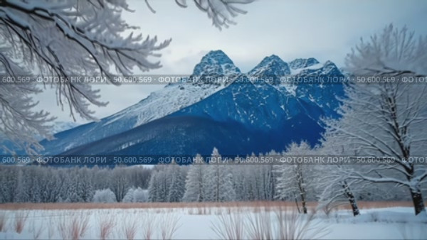 A snowy landscape with tree branches covered in snow, snowy mountains in the background, soft muted light, frontal view. Стоковое AI-видео, аниматор Sergey Grishin / Фотобанк Лори