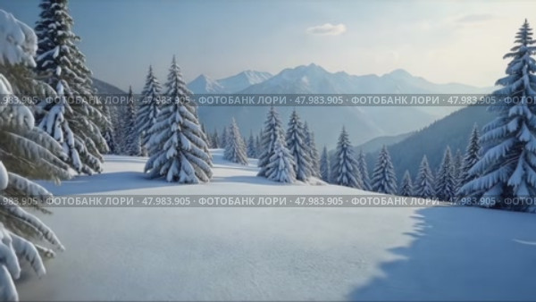 A snowy landscape with trees and mountains in the background, side view, cool lighting, winter color palette with whites and blues. Стоковое AI-видео, аниматор Sergey Grishin / Фотобанк Лори