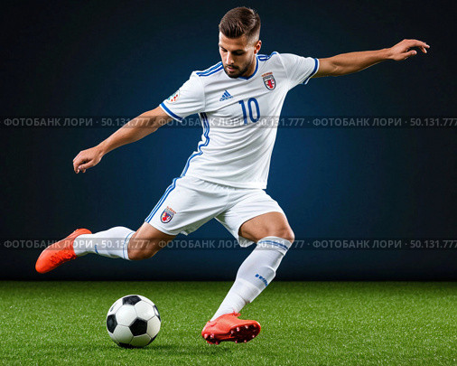A soccer player in a white uniform kicks a soccer ball. Стоковое AI-изображение, AI-художник Ярославский Максим / Фотобанк Лори