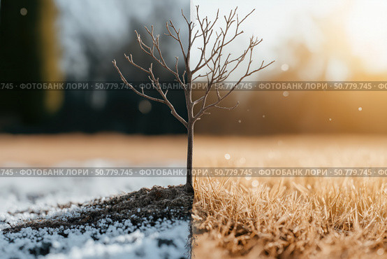 A Solitary Tree Standing at the Transition Between Seasons, Capturing the Contrast of Winter and Early Spring in a Serene Atmosphere. Стоковое AI-изображение, AI-художник Башкирова Анна / Фотобанк Лори