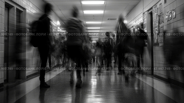 A somewhat blurry hospital corridor filled with numerous people walking about on their various errands and duties. Стоковое AI-изображение, AI-художник Anastasy Yarmolovich / Фотобанк Лори