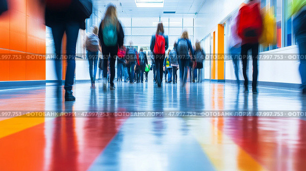 A somewhat blurry hospital corridor filled with numerous people walking about on their various errands and duties. Стоковое AI-изображение, AI-художник Anastasy Yarmolovich / Фотобанк Лори