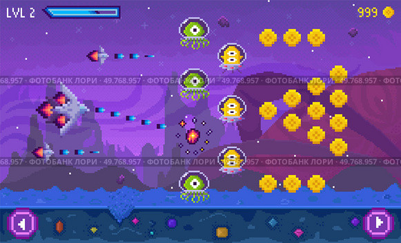 A spaceship fires at alien creatures and octagonal objects against a purple-hued space backdrop, indicating a level 2 game screen. Ideal for retro gaming, pixel art, space adventures, sci-fi themes. Retro Space Shooter Game Level with Alien Invaders and Spaceships in Pixel Art Style. Стоковая иллюстрация, агентство Ingram Publishing / Фотобанк Лори