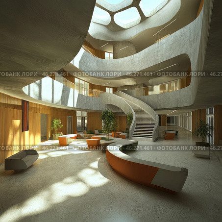 A spacious and modern atrium with a futuristic design. In the center of the composition is an elegant curved staircase leading to the upper levels. The building is designed in the style of organic architecture with smooth shapes, rounded balconies and natural light coming through large windows and a glass ceiling with geometric patterns. The interior uses natural materials such as concrete, wood and glass, creating a balance between technology and natural harmony. Downstairs there are soft sofas, tables and green plants, forming cozy areas for relaxation and communication. Стоковое AI-изображение, AI-художник Анна Кривицкая / Фотобанк Лори