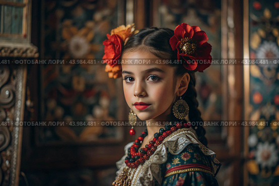 A Spanish girl in a traditional Spanish national costume. Against the background of a bull. Bullfighting. The portrait symbolizes the traditions and culture of the people of Spain. Стоковое AI-изображение, AI-художник Photojuli / Фотобанк Лори