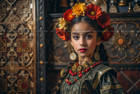 A Spanish girl in a traditional Spanish national costume. Against the background of a bull. Bullfighting. The portrait symbolizes the traditions and culture of the people of Spain. Стоковое AI-изображение, AI-художник Photojuli / Фотобанк Лори